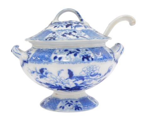 A 19thC New Stone Indian trellis pattern blue and white tureen and cover, with transfer printed detailing, and ladle, stamped