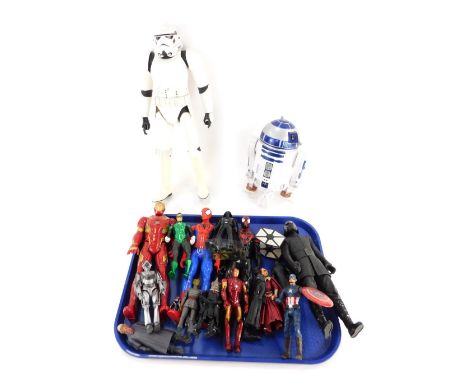 A group of Star Wars and other model figures, to include an Ood, mini Yoda, The Green Lantern, Iron Man, Walker, R2D2, etc. (