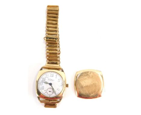 A Waltham USA gold plated gentleman's wristwatch, on white enamel dial, with seconds dial and green hands, in a square case, 
