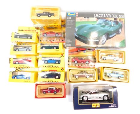 Model die cast cars and kit builds, including scale 1:43, a Revill Jaguar XKSS 1:24 scale, Vanguard Vauxhall PA Cresta, 1:43 