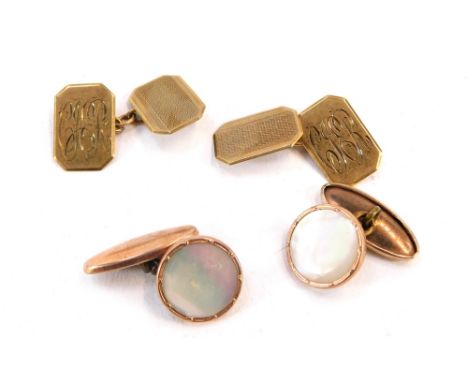 Two pairs of cufflinks, comprising a pair of 9ct gold shield cufflinks, each bearing the initials CJER, of octagonal shield f