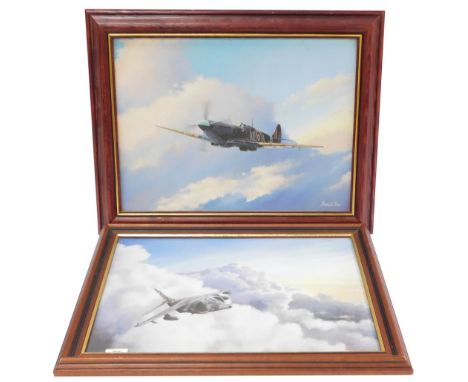 Two aviation pictures, comprising Barry G Price, Spitfire,26cm x 40cm, oil on canvas, framed, and a Harrier print, After Coli