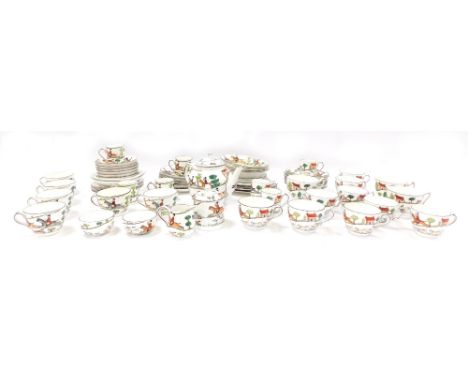 A Crown Staffordshire Hunting Scene part tea and coffee service, comprising coffee cans and saucers, teacups and saucers, mil