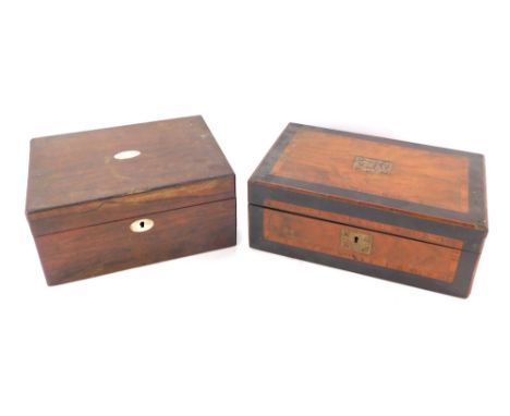 Two 19thC and later workboxes, comprising a rosewood and mother of pearl inlaid sewing box, 15cm high, and an ebony and boxwo
