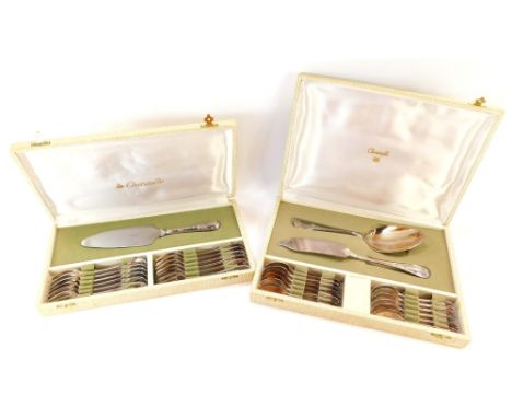 A Christofle mid century plated cake slice and eaters, together with a fruit set, comprising spoons, slice, and large spoon, 