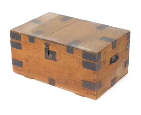 A Victorian pine and iron bound trunk, by G Drinkwater, late R Wagstaff, 26 Eastgate Street, Gloucester, with paper lined int