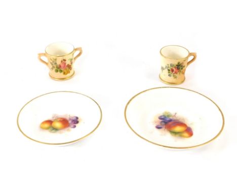 A group of Royal Worcester, comprising two Royal Worcester pin dishes, each with fruit and flowers design, 10cm and 9cm diame