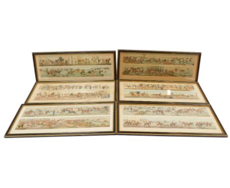 A set of six hunting prints, each with two strand coloured detailing in ornate gilt and black ebonised frames, 21cm x 60cm.