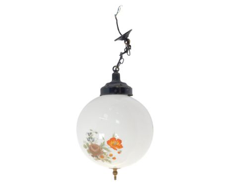 A 1960s/70s glass hanging lantern, the opaque glass shade painted with flowers, on a black metal support, with brass finial, 