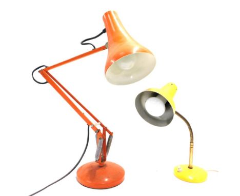 Two retro desk lamps, comprising an orange finish Anglepoise lamp, approximately 68cm high when fully extended, together with