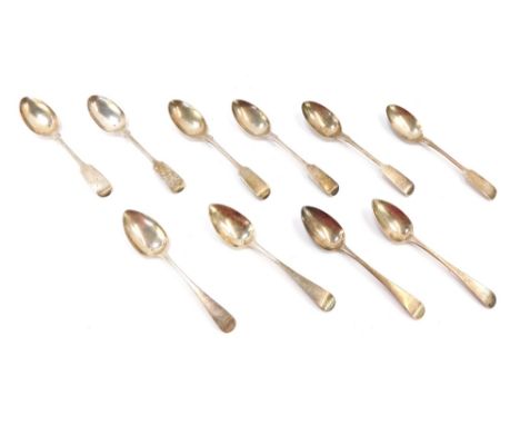 Nine various silver teaspoons, comprising a set of six silver Fiddle pattern spoons bearing the initials K, London 1937, and 