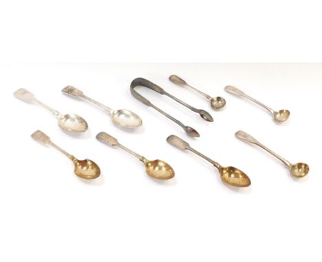 A small group of silver cutlery, comprising three Victorian and later silver toddy spoons, two bearing the initials K, three 