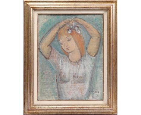 Signed Turner, L, portrait of a girl with a bow in her hair, canvas, 46x35 cm