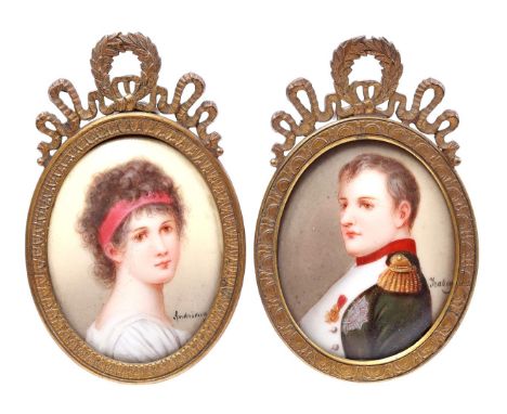 Oval portrait of Napoleon and oval portrait of Madame Récamier, porcelain 5.5x4.5 cm, in Empire bow frame 8x5 cm