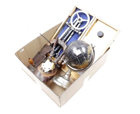 Box various w. 21st century globe on metal base, antlers decorated with text, measuring instrument in wooden box and metal to