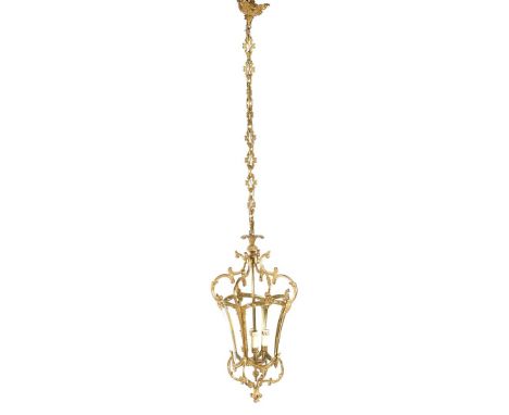 Brass 4-light hall lamp with glass shade, 180 cm high, 41 cm diameter