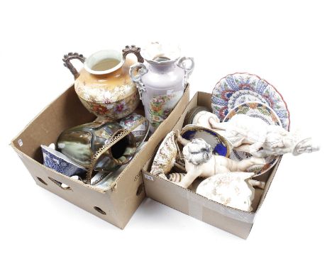 2 boxes with porcelain and earthenware vases, painted 19th century bowl, Zenith Gouda and Makkum saucer, angel hanging lamp a
