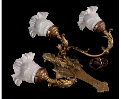 Classic brass 3-light wall chandelier with milk glass shades42 cm high, 55 cm wide
