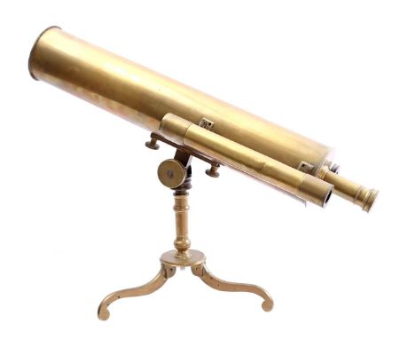 Presumably Dolland London brass reflecting telescope on brass tripod, England approx. 1800.61 cm long and 45 cm high