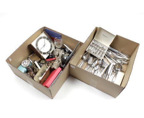 Box with Gero plate cutlery and box various including Junghans Meister Ato-Mat table clock, various coins, plate, crystal, As