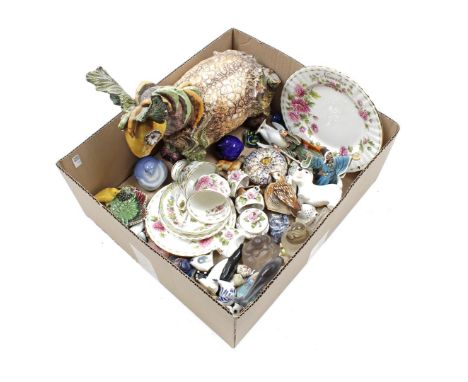 Box with porcelain, earthenware and glass including Royal Albert, figurines by Goebel etc.