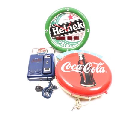 Millennium plastic wall clock by Heineken, 37 cm diameter, Always Coca Cola plastic 2-light advertising wall decoration, 46x4