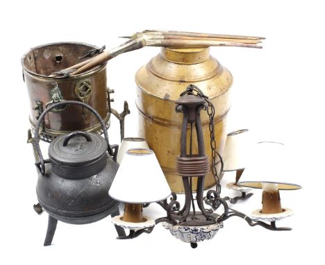 Cast iron cooking pot, 29 cm high, copper cooking stand, 39 cm high wrought iron 4-light chandelier with earthenware dishes a