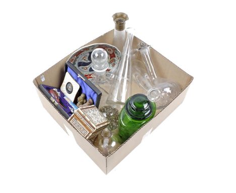 Box with crystal and glassware, Imari porcelain dish, portrait in bone frame, wooden box and an otoscope, a medical instrumen