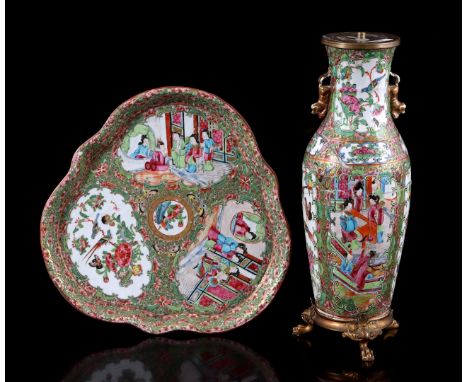 Porcelain 3-pass bowl with figures in landscape, Cantonese, China ca. 1900, 28x28x28 cm and a lamp base, 24 cm high, glued