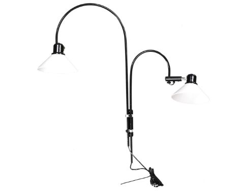 Blackened 2-light arc wall lamp with opaline shades, 110 cm high