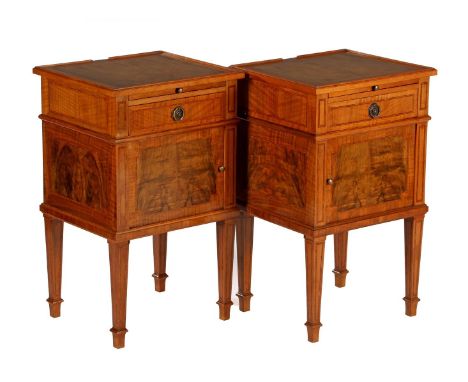 2 walnut with burr walnut bedside table with inlaid trim, drawer, door and plateau, inside with ceramic inside, 71 cm high, 4