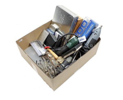 Box of various tools, incl. dremel and scalp knives