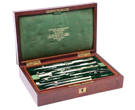 Rosewood box with set of drawing tools, France ca. 1890, box is 5.5 cm high, 23.5x15 cm, total 852 grams. (key shortage)