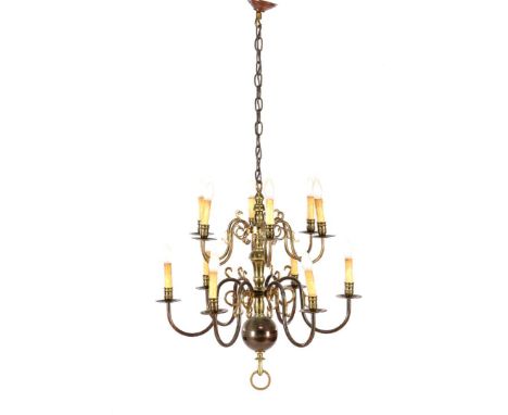 Copper double 12-light globe chandelier, 129 cm high, 67 cm diameter