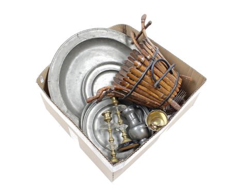 Box with pewter dishes, plate cutlery, bamboo planter and brass candlesticks