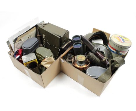2 boxes of militaria w.o. old photos, flags, cans, belt with flashlight and knife, cross-section grenade, binoculars and Germ
