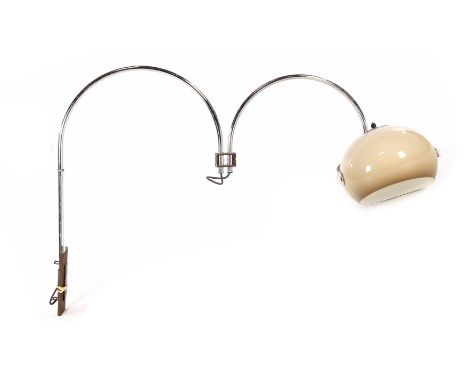 Chromed metal adjustable wall lamp with 2 arches and plastic shade, Dijkstra lamps 1970s, approx. 125 cm wide