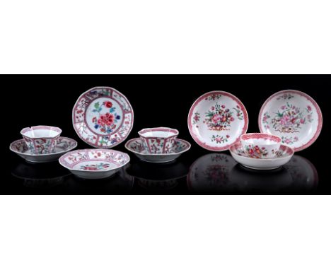 Famille Rose porcelain cups and saucers with floral decor, China 18th century (various chips and hairlines) and Famille Rose 