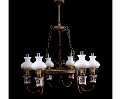 Classic brass 6-armed hanging lamp with milk glass shades, porcelain bottom plate with romantic depiction of eating boy with 
