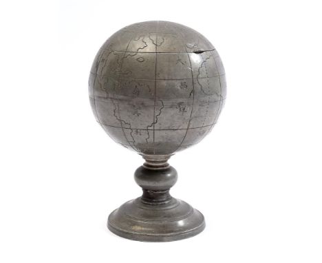 Metal tea caddy in the shape of a globe with Chinese characters, 15 cm high