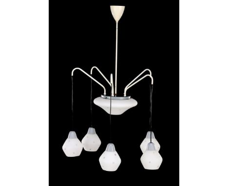 White lacquered metal 6-light hanging lamp with opaline shades, France 1960s, 107 cm high and 74 cm diameter