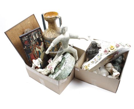 2 boxes with various pottery, onyx and plaster objects and wall clock