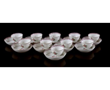 10 Famille Rose porcelain cups and saucers with floral decor, China ca. 1800 (various damage)
