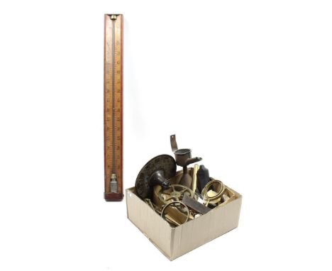 Box of various supplies for measuring instruments, among others. standards, lenses for microscopes, brass sundial and Schäffe
