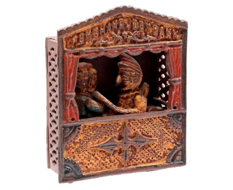Cast iron money box, puppet show, Punch and Judy bank, 18 cm high