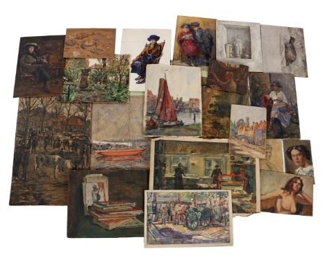 Piet Cornelis Kramer (1879-1940) Folder with approx. 20 study drawings, oil on panels watercolors, the majority of people inc
