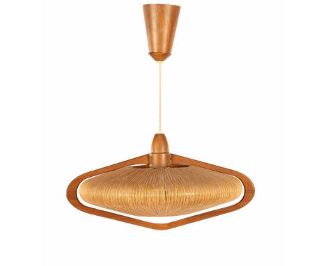 Teak hanging lamp with pulley, Temde Leuchten, Switzerland 1960s, 54 cm wide