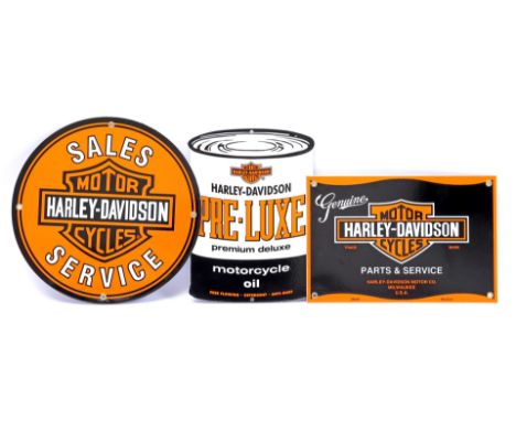 3 enamelled advertising signs Harley Davidson, 20x30.5 cm, 28x20 cm and 30 cm diameter