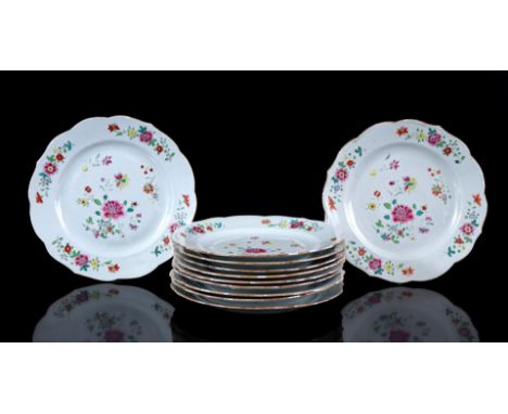 11 Famille Rose porcelain dishes with contoured rim and polychrome flower decor, among others. magnolias, blossom, peonies, C