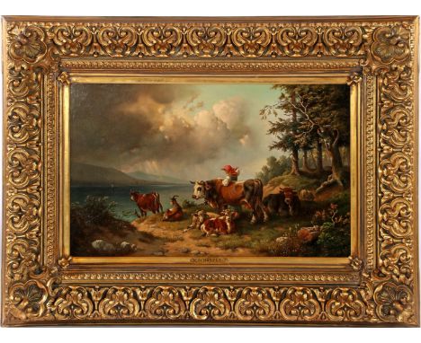 Anonymous, landscape with threatening weather at the lake with a lookout shepherdess with cattle, goat and ram, canvas 52x83 